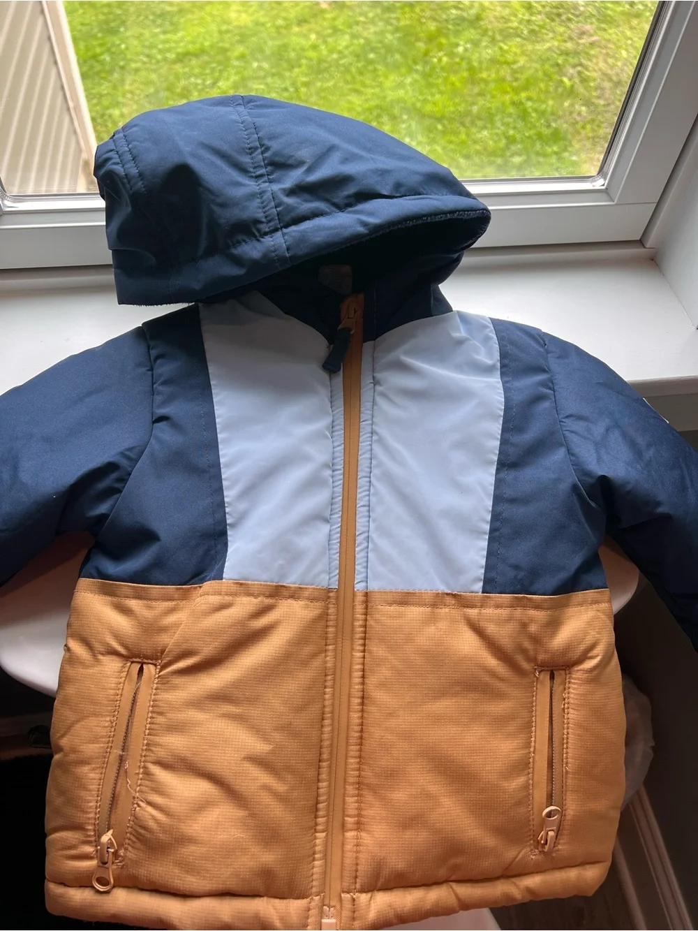 Kids Colorblock Hooded Winter Jacket - Navy, Light Blue & Tan